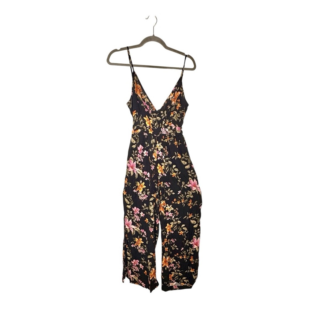 American Eagle Black Floral Wide Leg Jumpsuit Boho Preppy Vacation XS